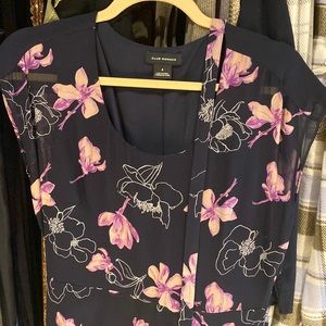 CLUB MONACO SILK FLORAL MIDI DRESS NAVY NWOT